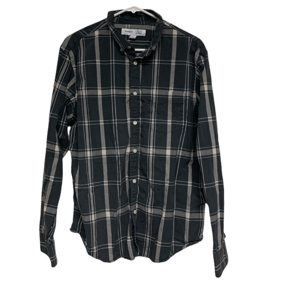 Old Navy long sleeve button down charcoal grey gray plaid mens size L Large EUC